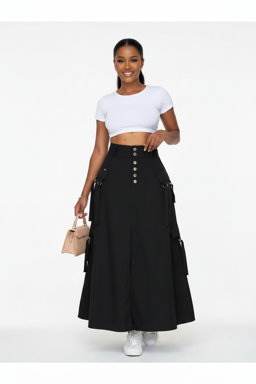 High-Waist Multi-Pocket Cargo Maxi Skirt