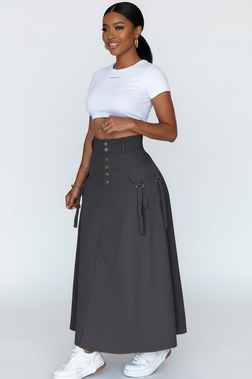 High-Waist Multi-Pocket Cargo Maxi Skirt