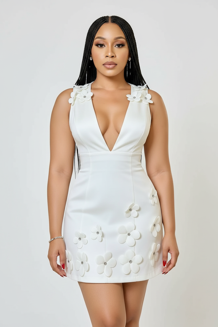 Deep V-Neck 3D Floral Mini Dress