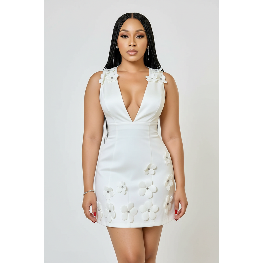 Deep V-Neck 3D Floral Mini Dress