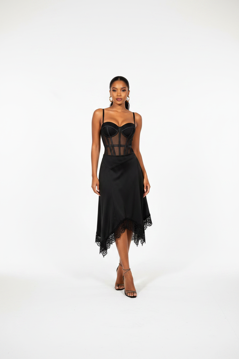 High-Waist Contrast Lace Satin Midi Skirt