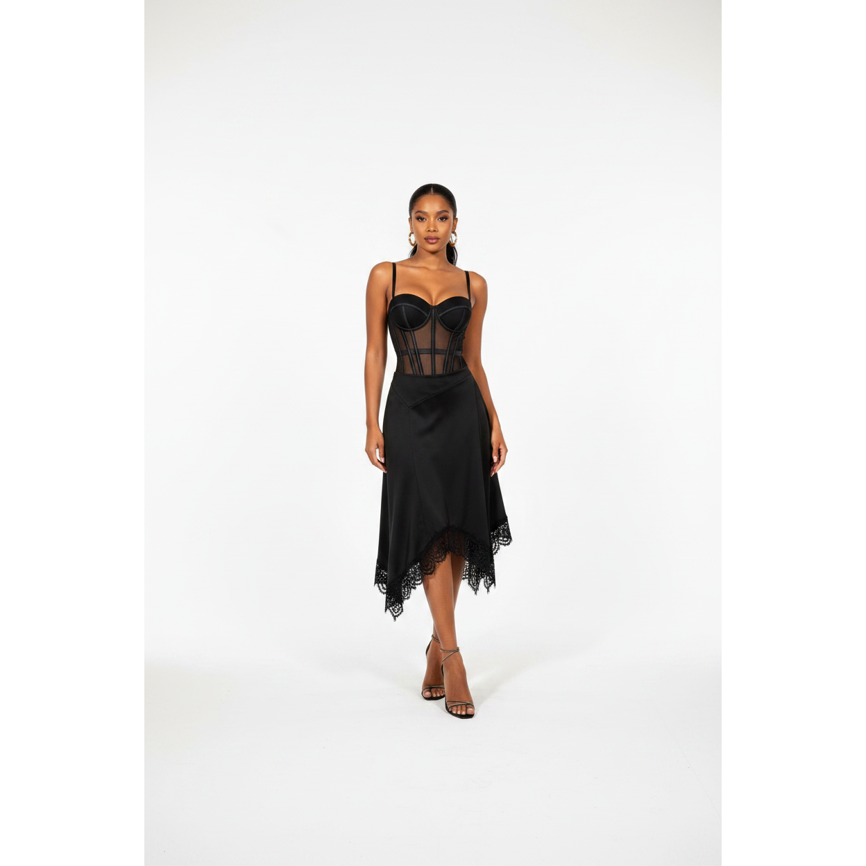 High-Waist Lace-Trim Satin Midi Skirt