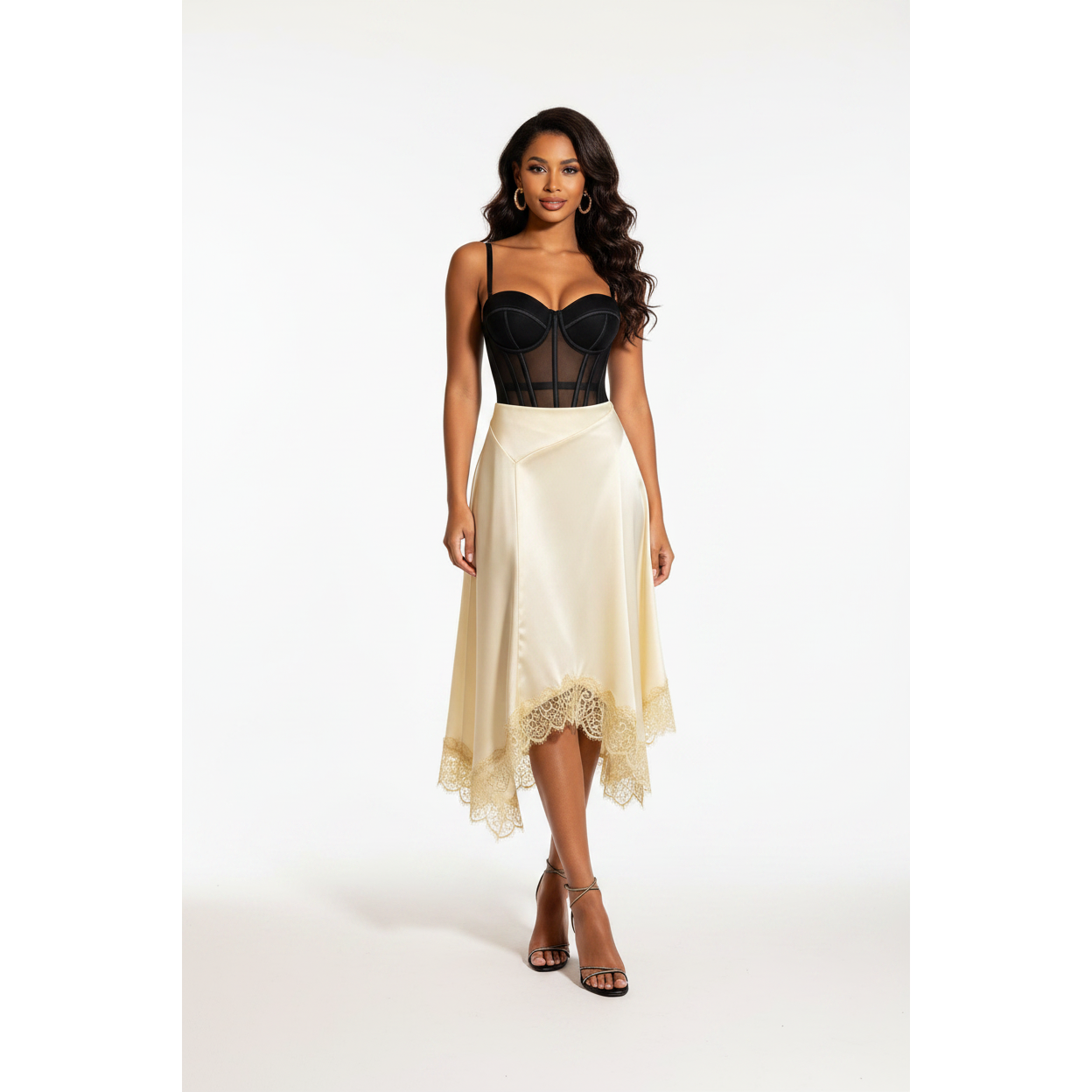 High-Waist Lace-Trim Satin Midi Skirt