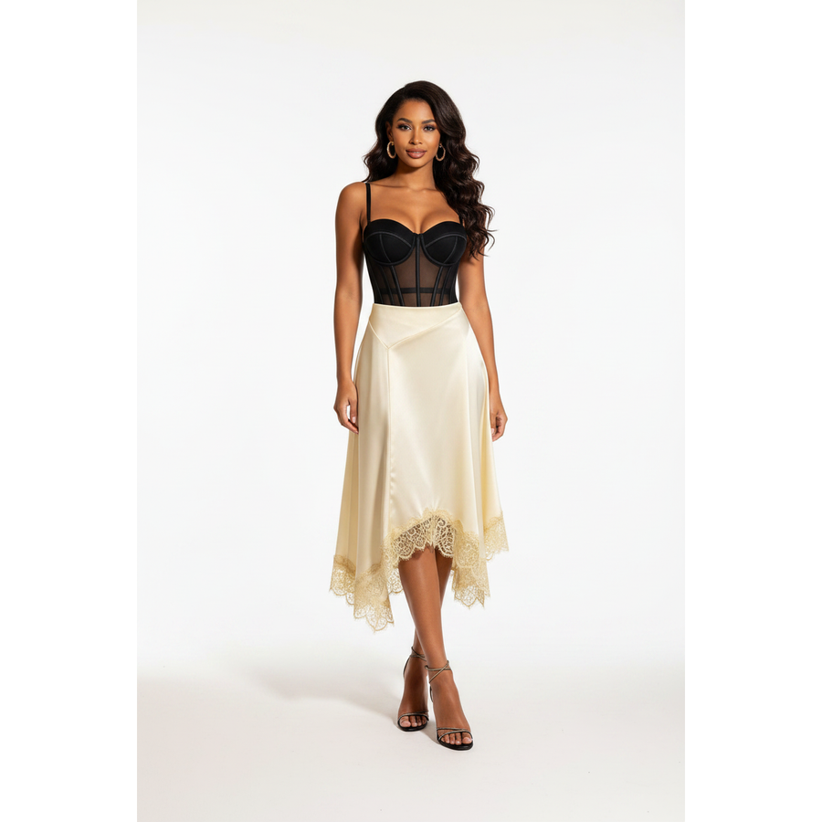 High-Waist Contrast Lace Satin Midi Skirt