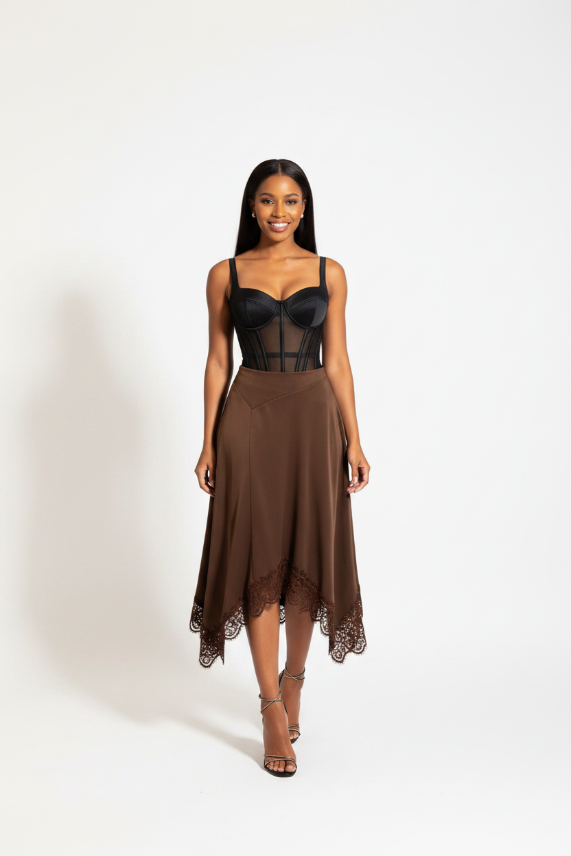 High-Waist Contrast Lace Satin Midi Skirt