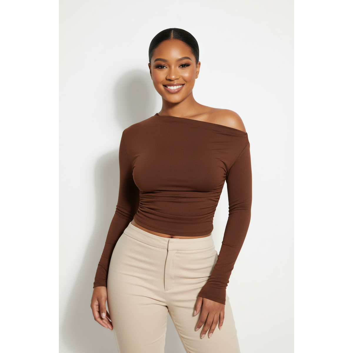 Ruched Off-Shoulder Long-Sleeve Top