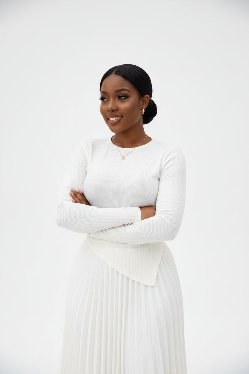 Single-Side Pleated Ribbed Knit Top