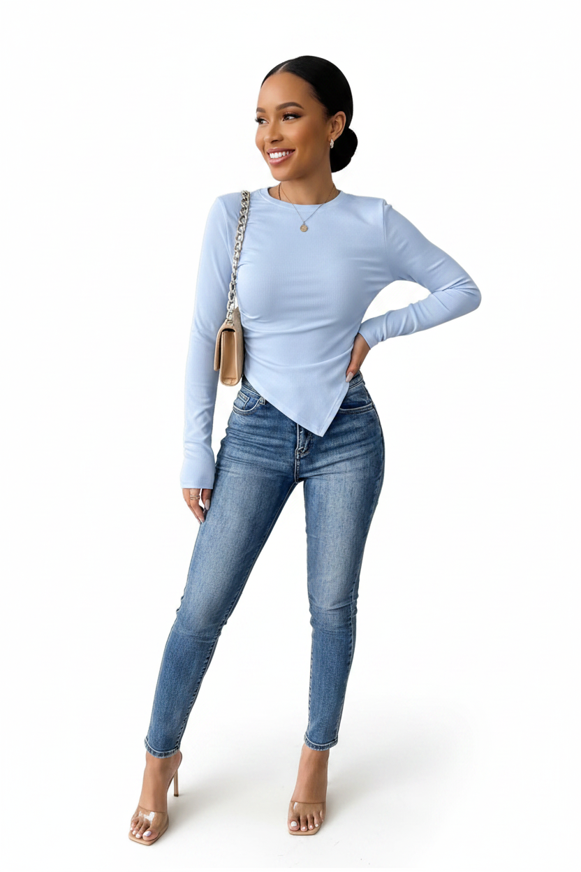 Single-Side Pleated Ribbed Knit Top
