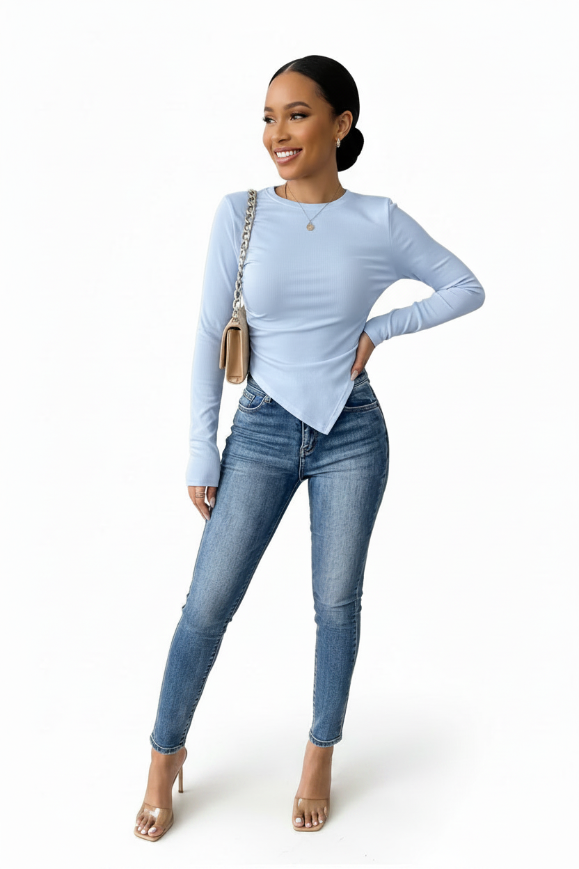 Single-Side Pleated Ribbed Knit Top