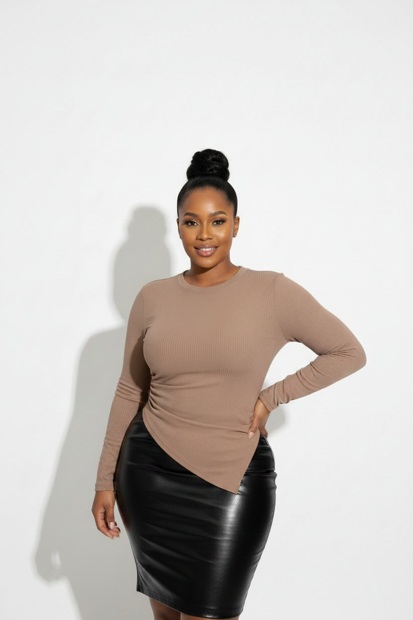 Single-Side Pleated Ribbed Knit Top