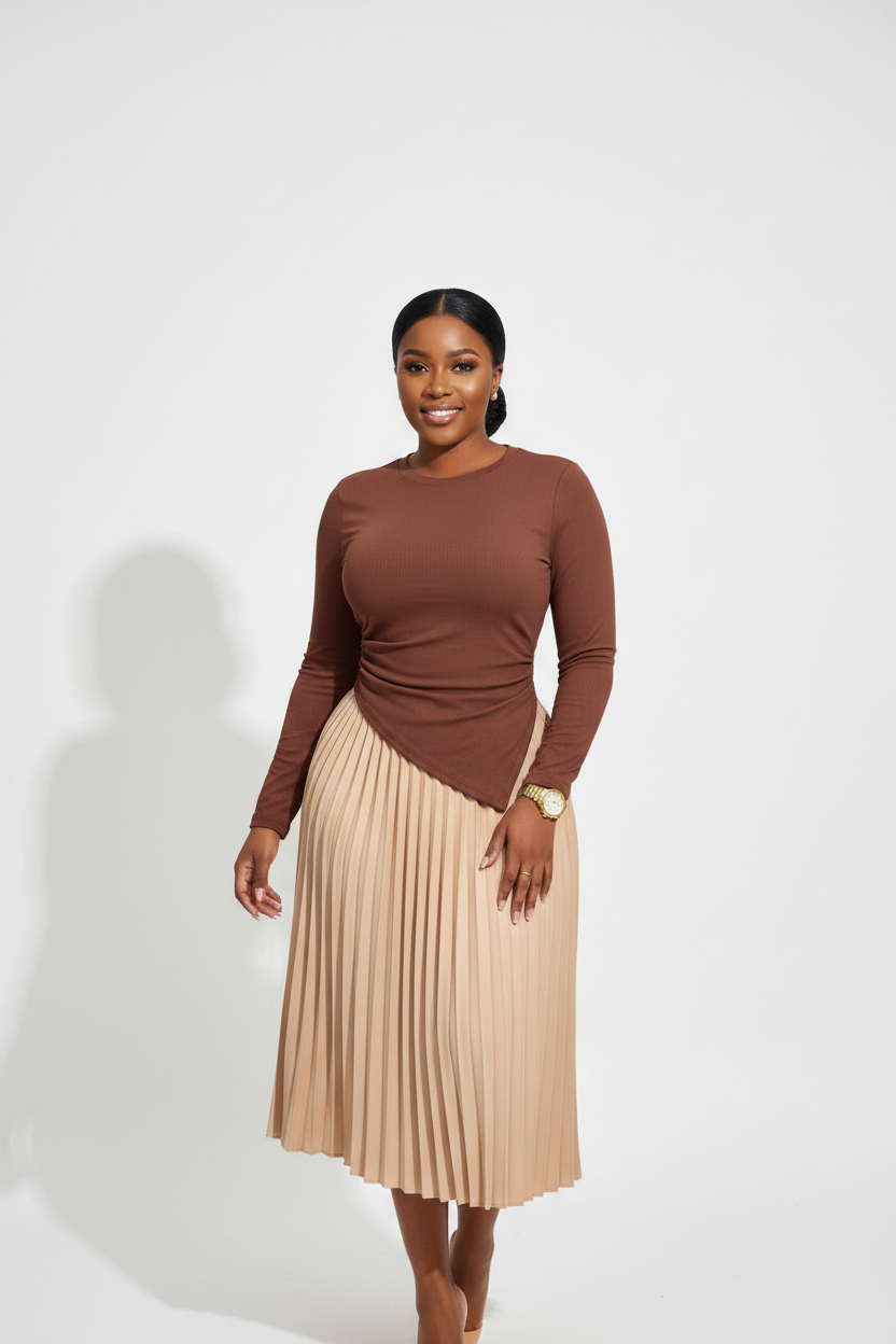 Single-Side Pleated Ribbed Knit Top