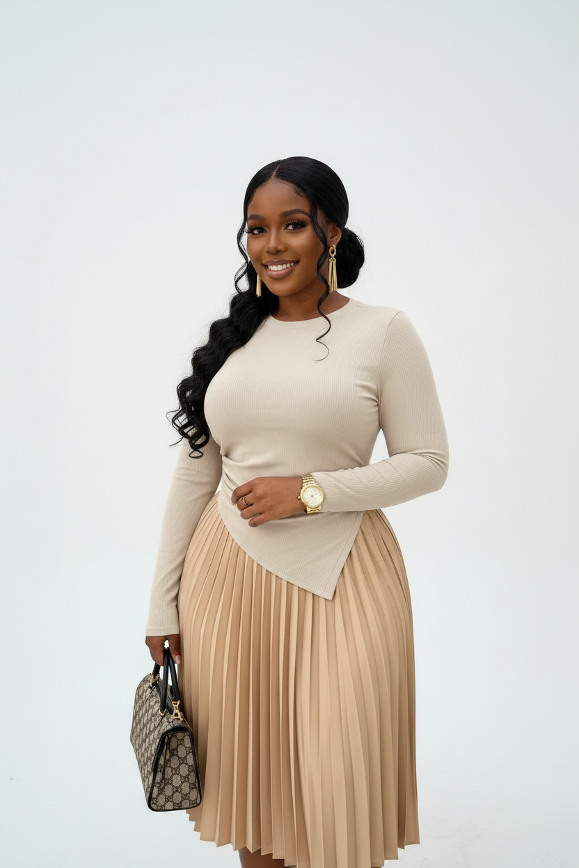Single-Side Pleated Ribbed Knit Top
