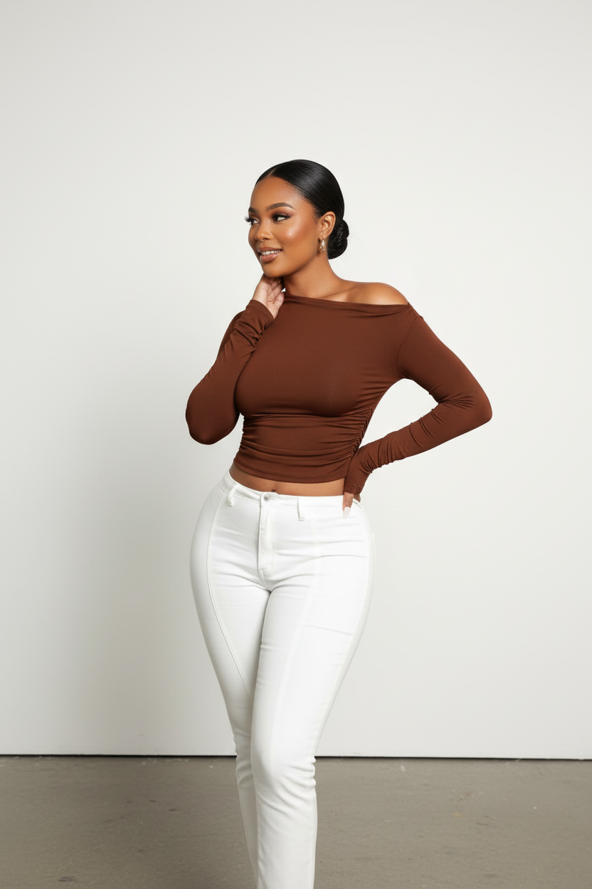Side Skin-Tight Off Shoulder Long-Sleeve Top