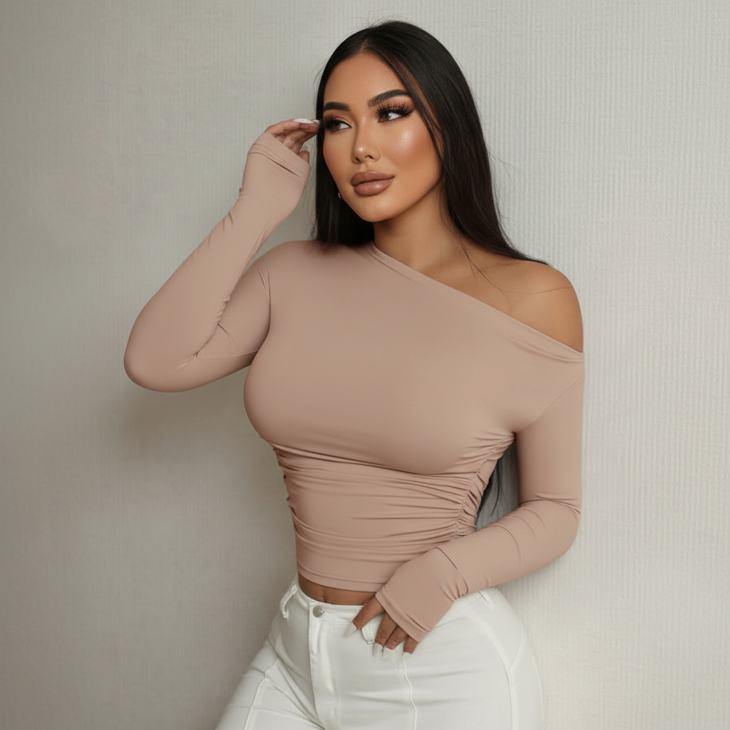 Side Skin-Tight Off Shoulder Long-Sleeve Top