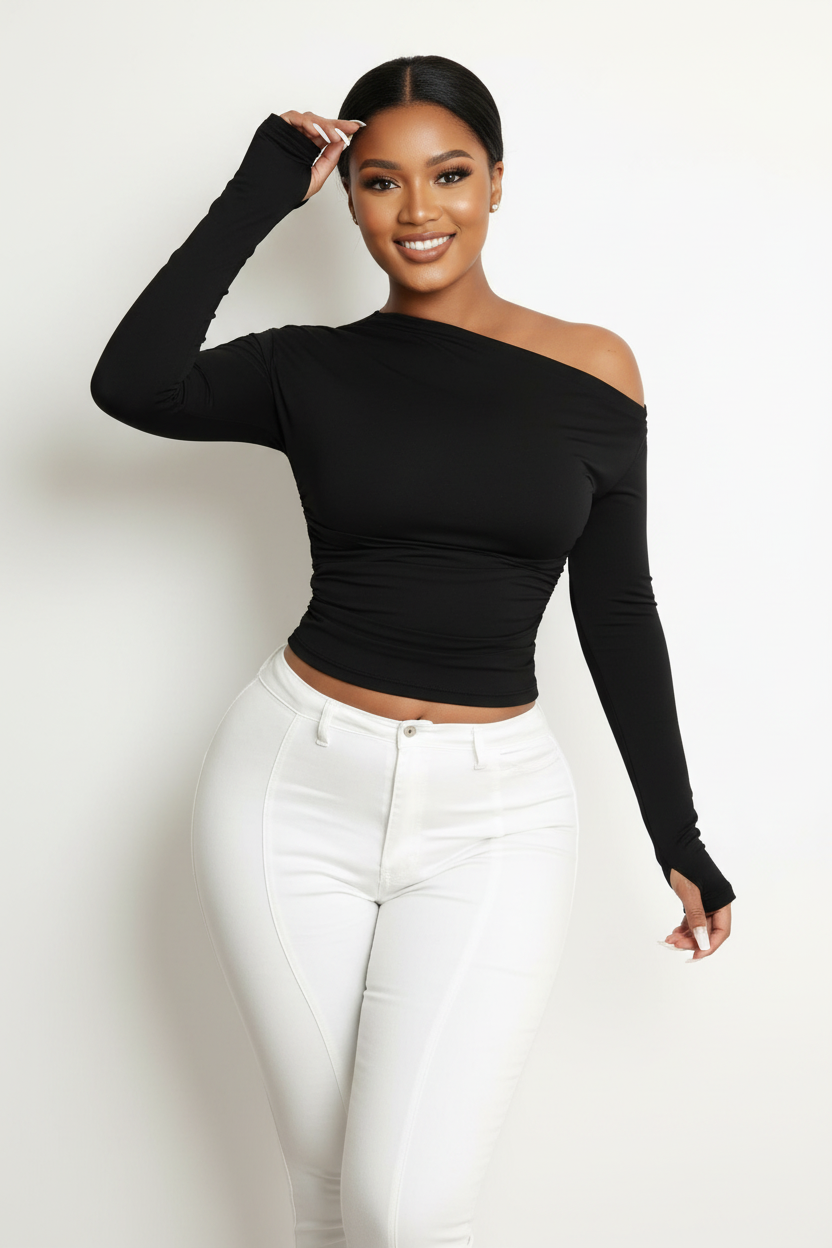 Side Skin-Tight Off Shoulder Long-Sleeve Top