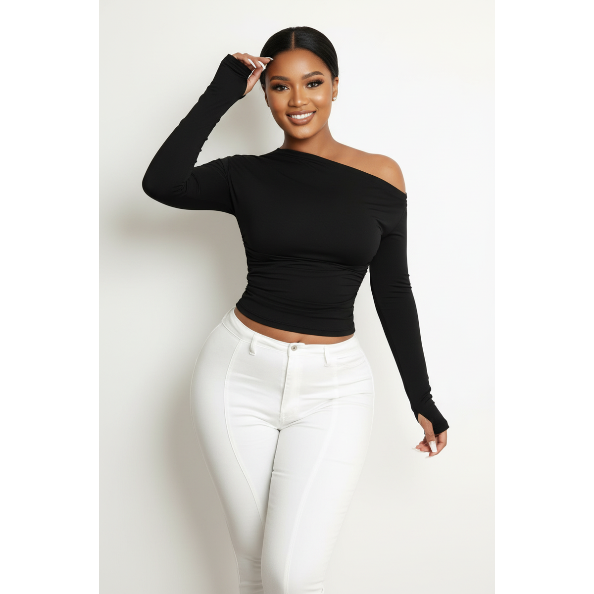 Ruched Off-Shoulder Long-Sleeve Top