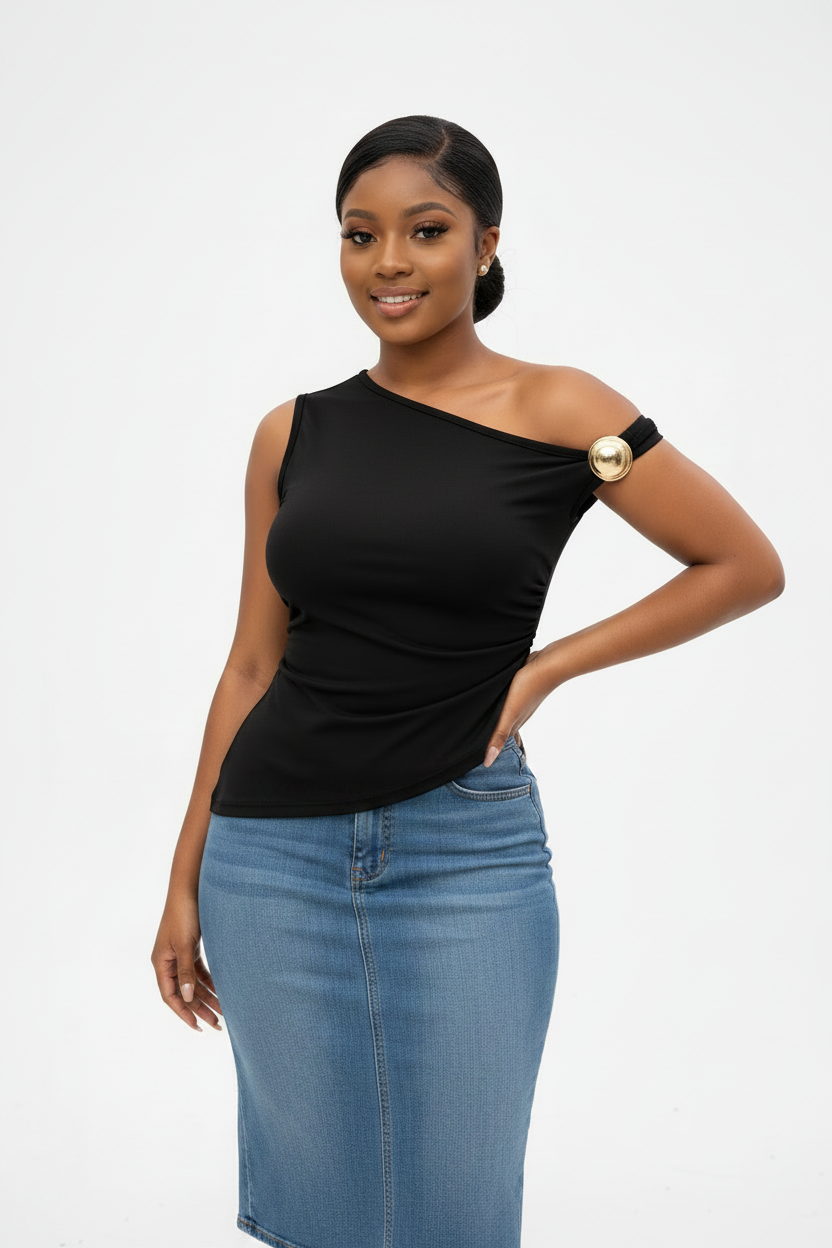 Off-Shoulder Metal-Ring Asymmetric Top