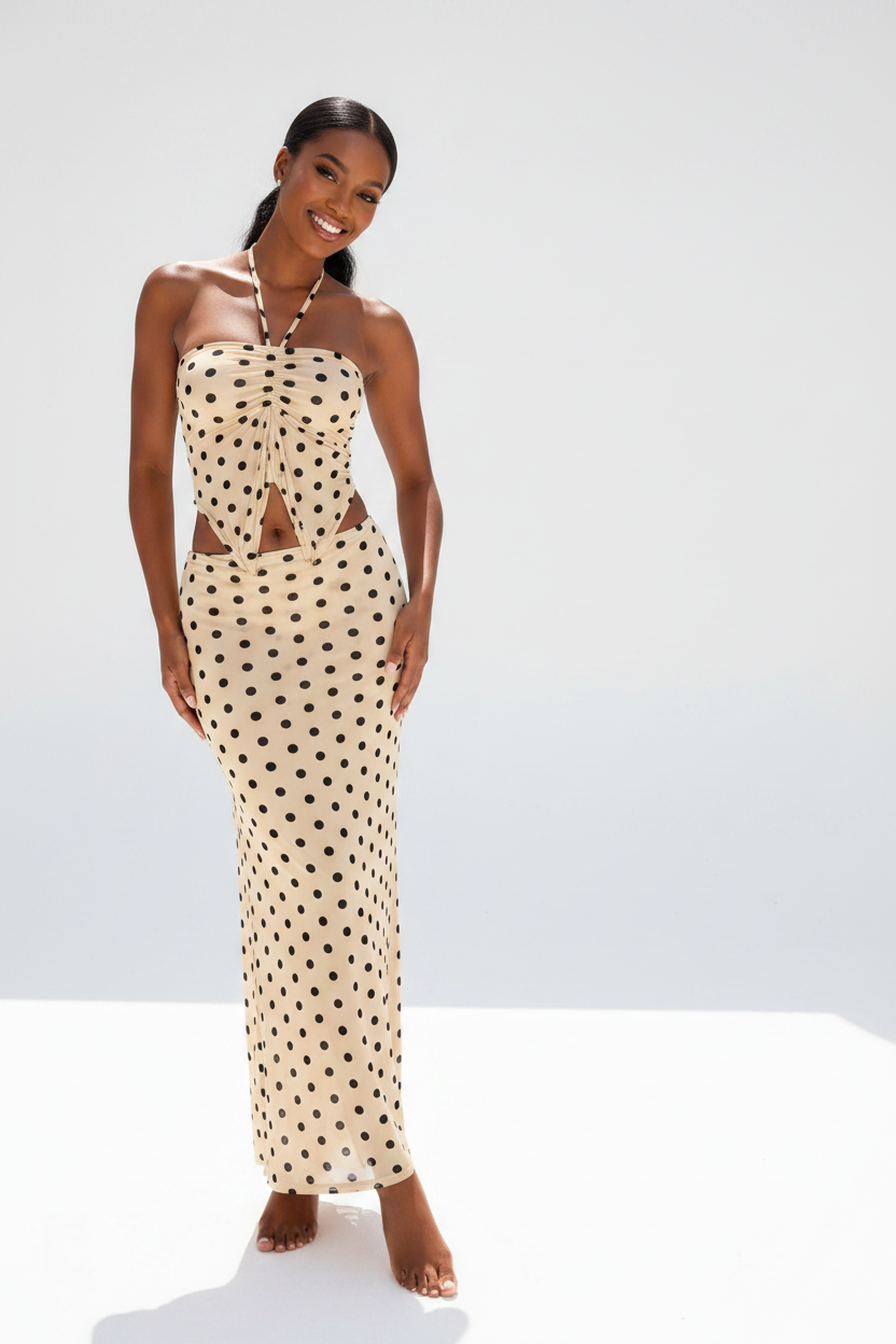 Polka Dot Halter Crop Top & Skirt Swimwear Piece Set