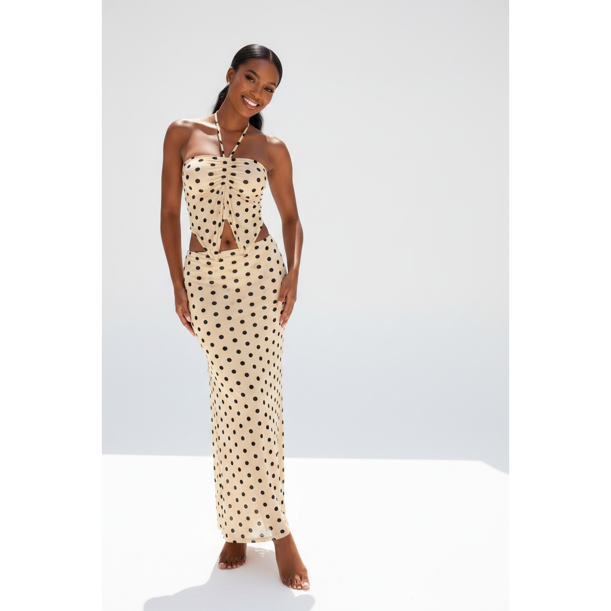 Polka Dot Halter Top & Sheer Maxi Skirt Swimwear Set