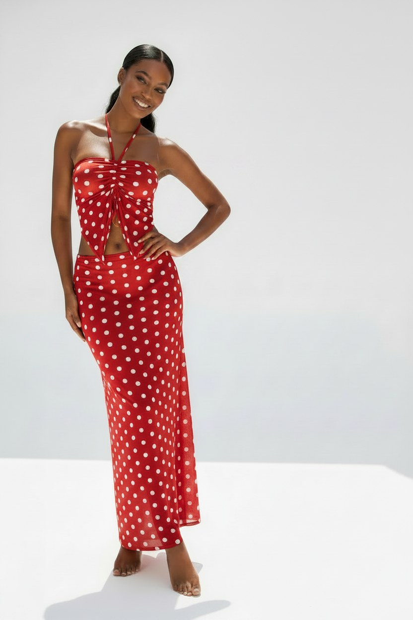 Polka Dot Halter Crop Top & Skirt Swimwear Piece Set