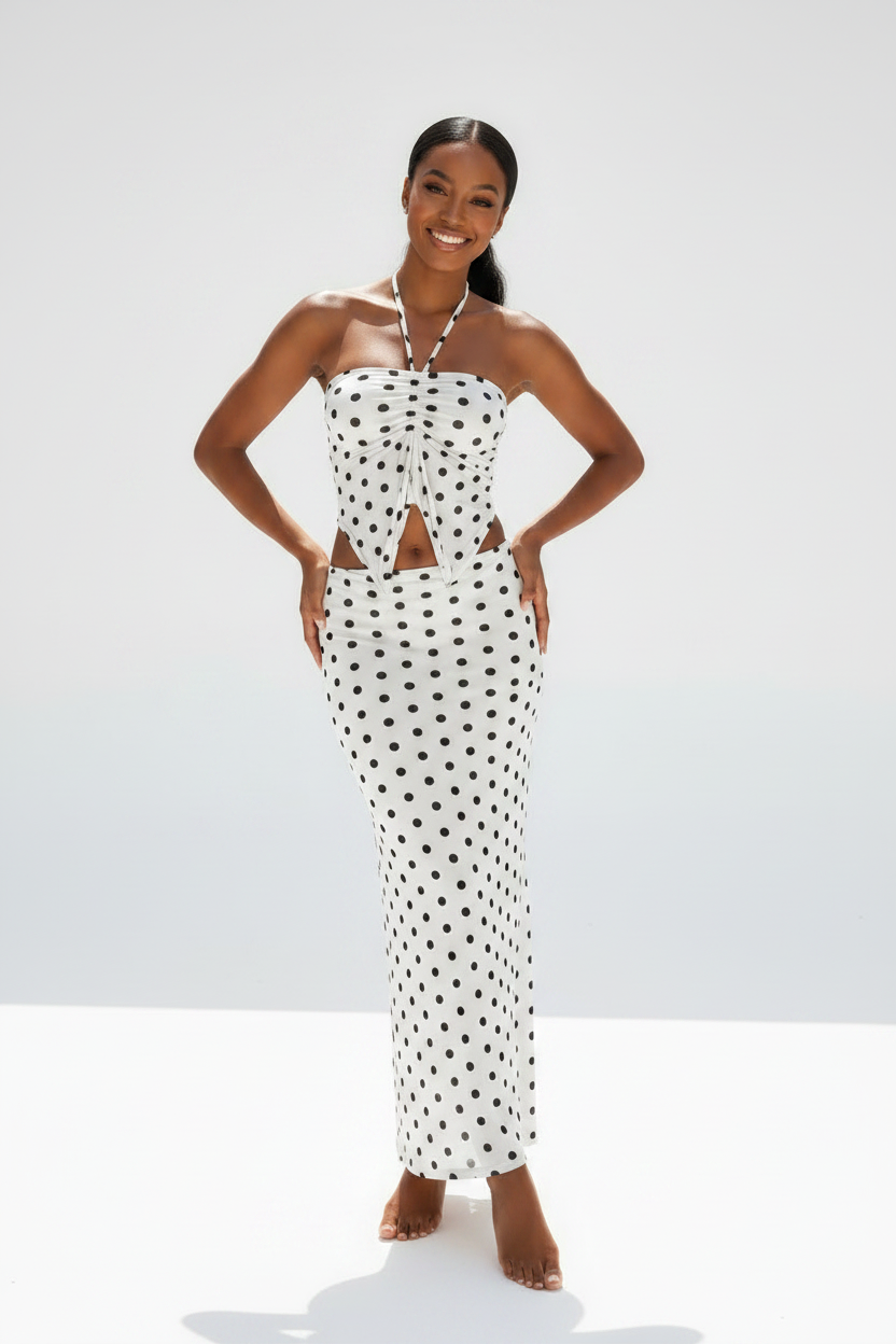 Polka Dot Halter Crop Top & Skirt Swimwear Piece Set