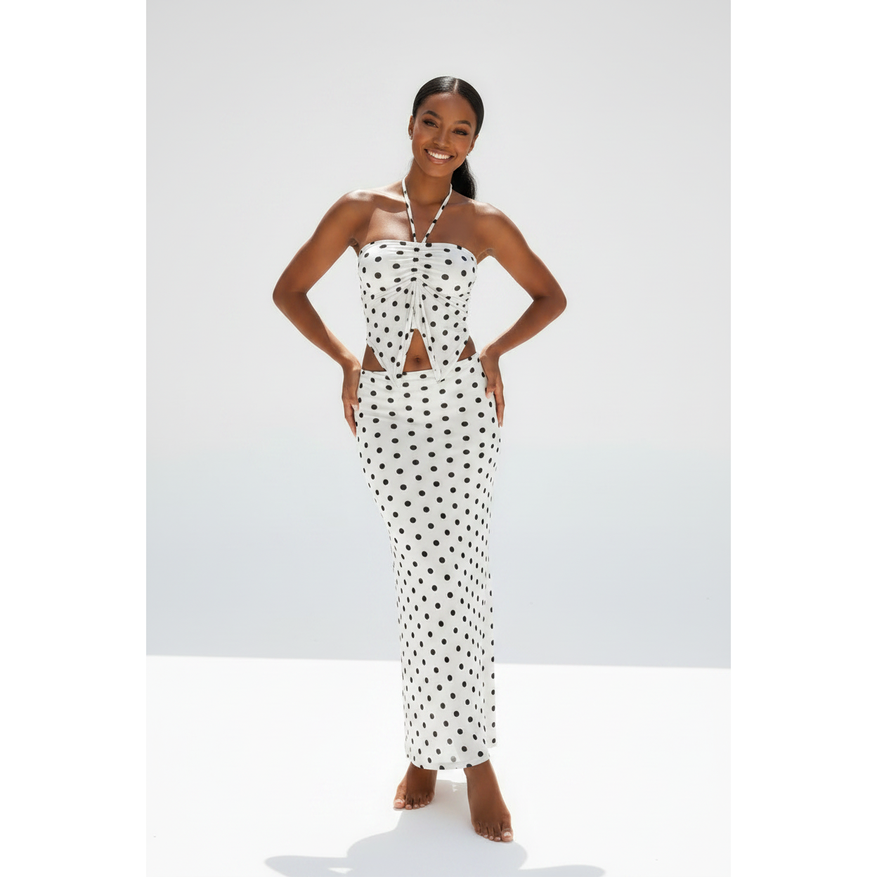 Polka Dot Halter Top & Sheer Maxi Skirt Swimwear Set