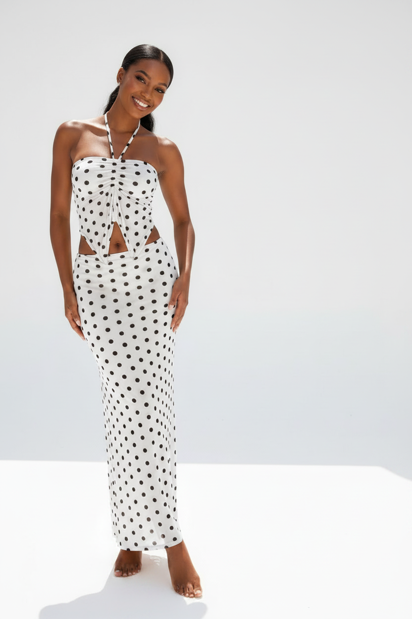 Polka Dot Halter Crop Top & Skirt Swimwear Piece Set