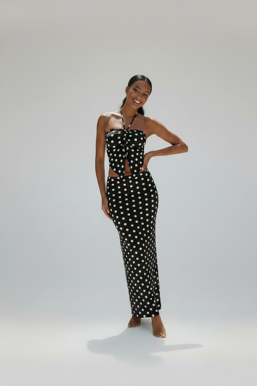 Polka Dot Halter Crop Top & Skirt Swimwear Piece Set