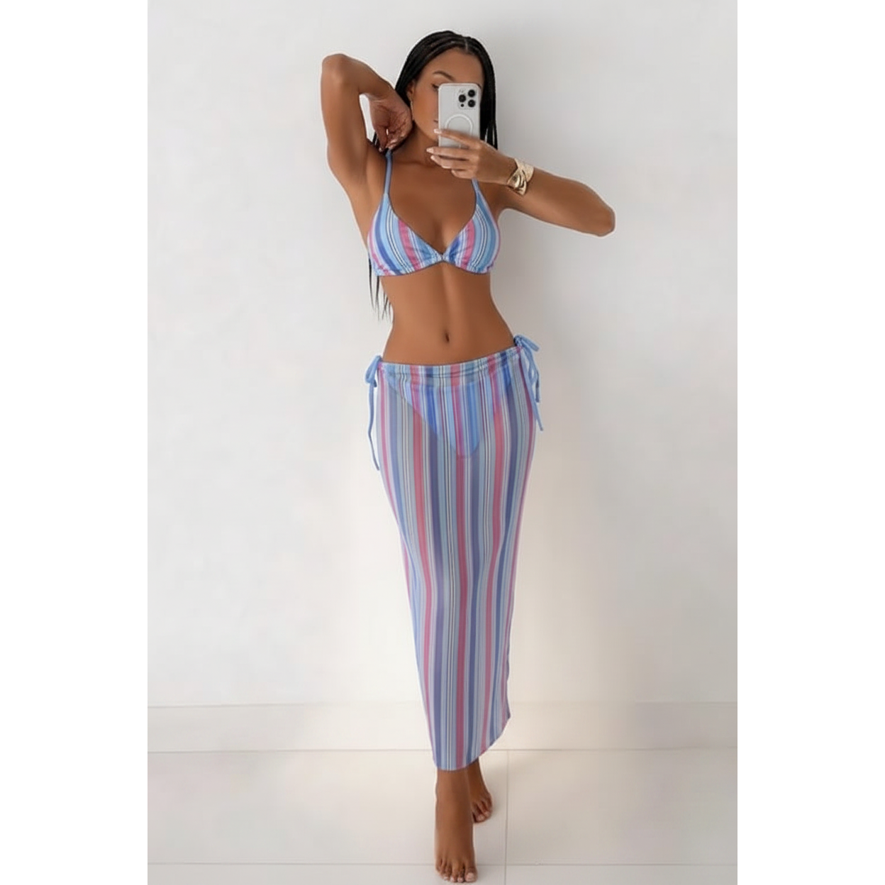 Striped Bikini & Mesh Maxi Skirt 3-Piece Set
