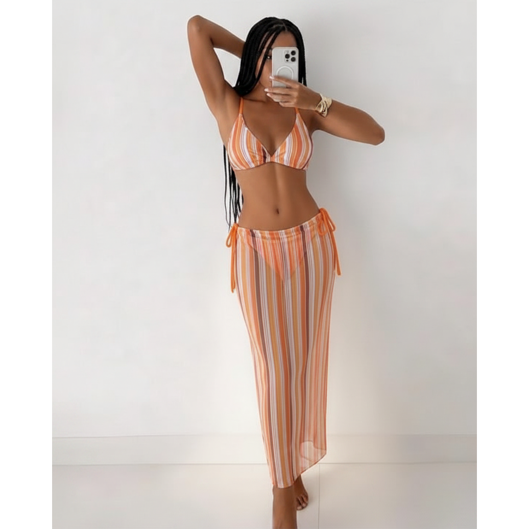 Colorful Striped Bikini Mesh Skirt Cover-Up 3-Piece Set