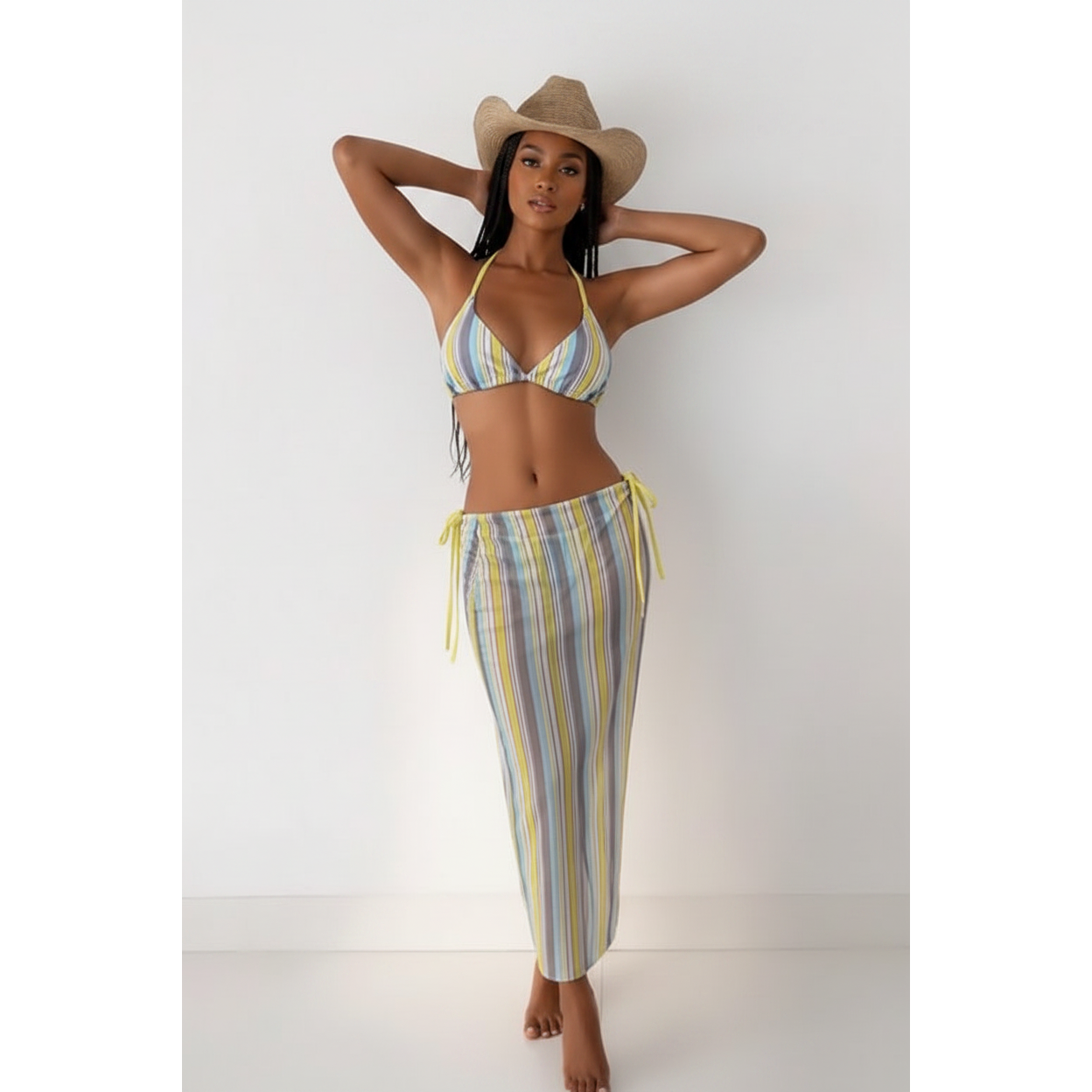 Striped Bikini & Mesh Maxi Skirt 3-Piece Set