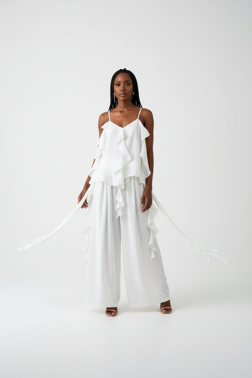 Ruffled Camisole Top & Wide-Leg Pants Set