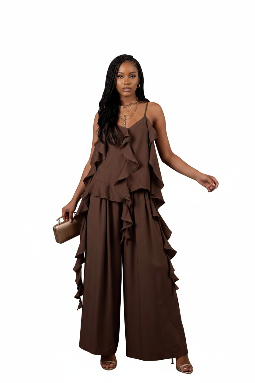 Ruffled Camisole Top & Wide-Leg Pants Set