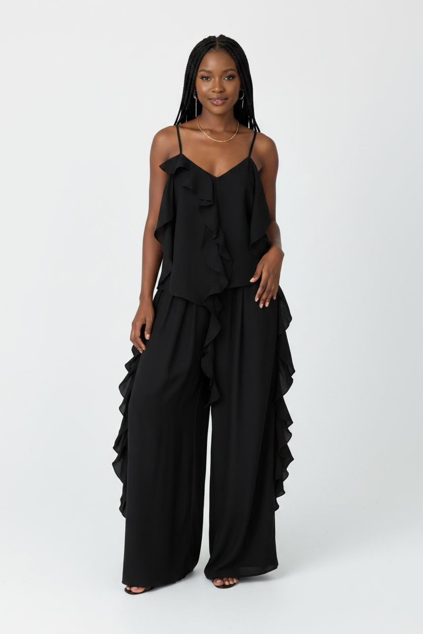Ruffled Camisole Top & Wide-Leg Pants Set