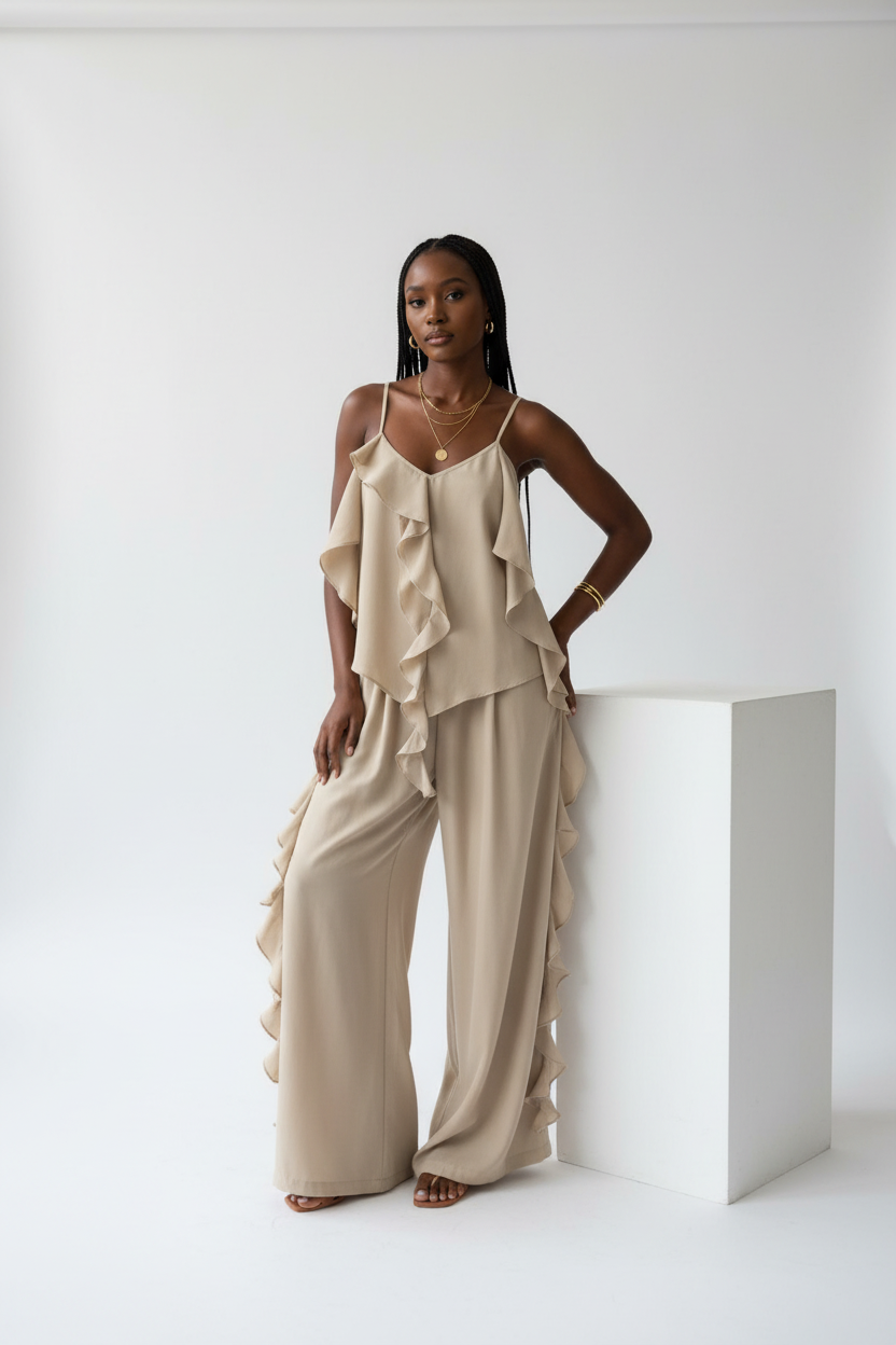 Ruffled Camisole Top & Wide-Leg Pants Set