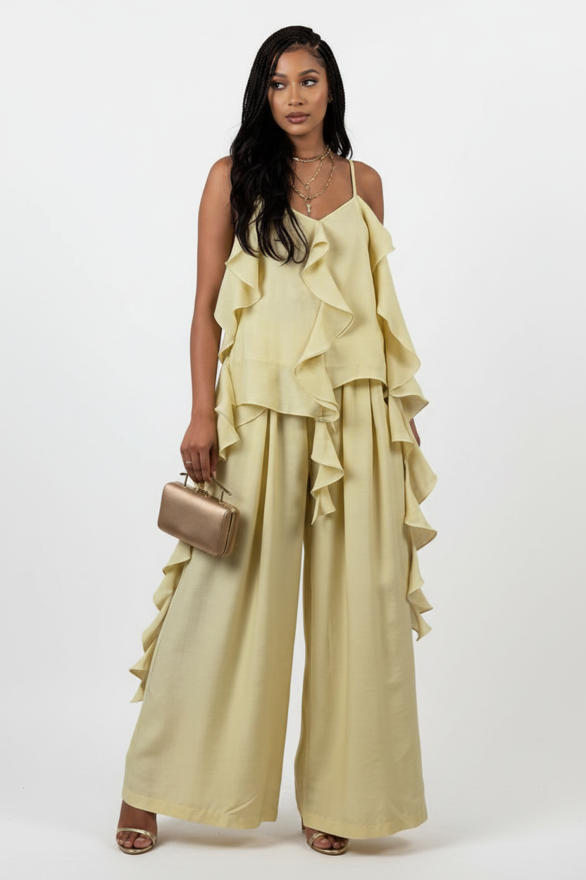 Ruffled Camisole Top & Wide-Leg Pants Set