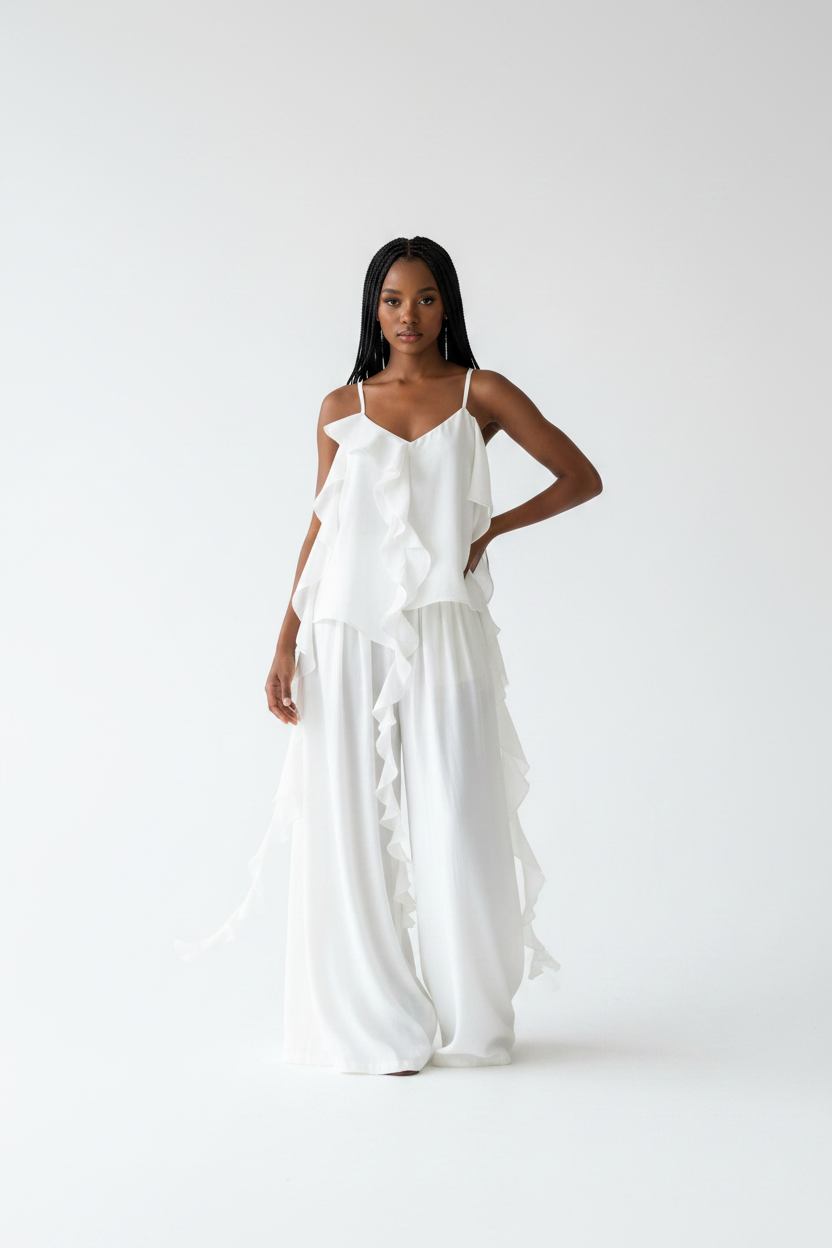 Ruffled Camisole Top & Wide-Leg Pants Set