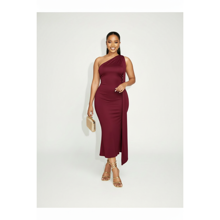 One-Shoulder Draped Bodycon Midi Dress