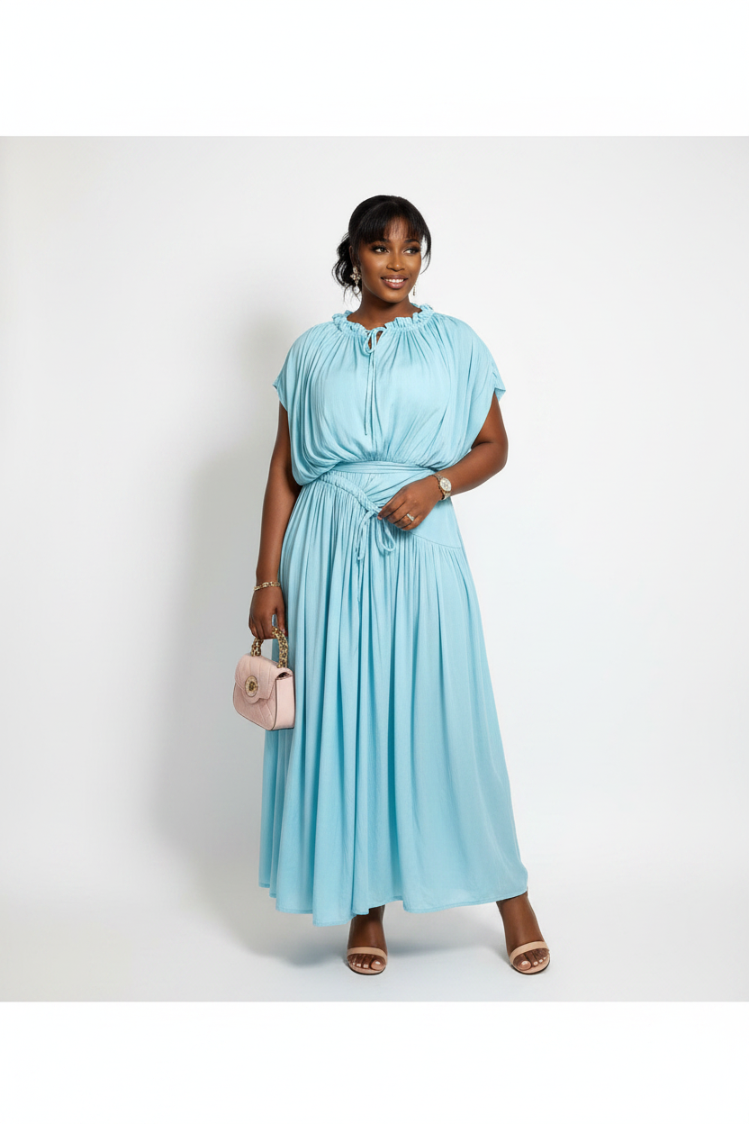 Tie Neck Pleated Drawstring Waist Maxi Dress