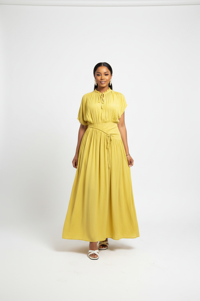 Tie Neck Pleated Drawstring Waist Maxi Dress