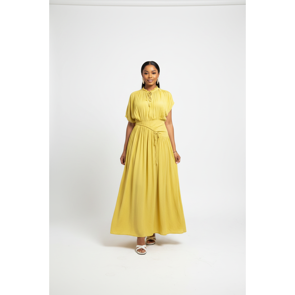 Tie-Neck Drawstring Waist Maxi Dress