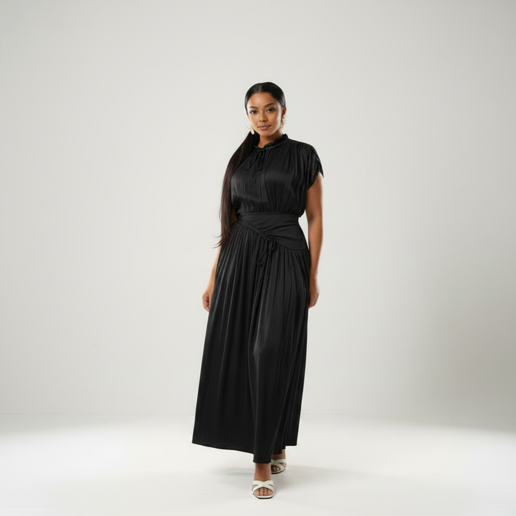 Tie Neck Pleated Drawstring Waist Maxi Dress