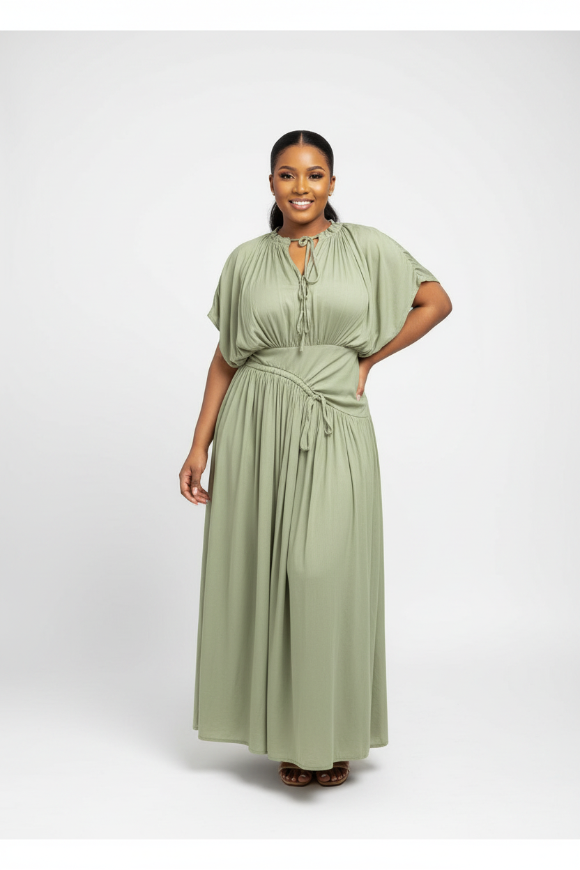 Tie Neck Pleated Drawstring Waist Maxi Dress
