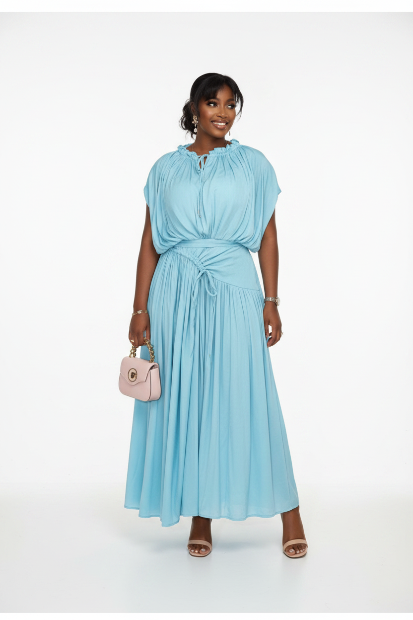 Tie Neck Pleated Drawstring Waist Maxi Dress