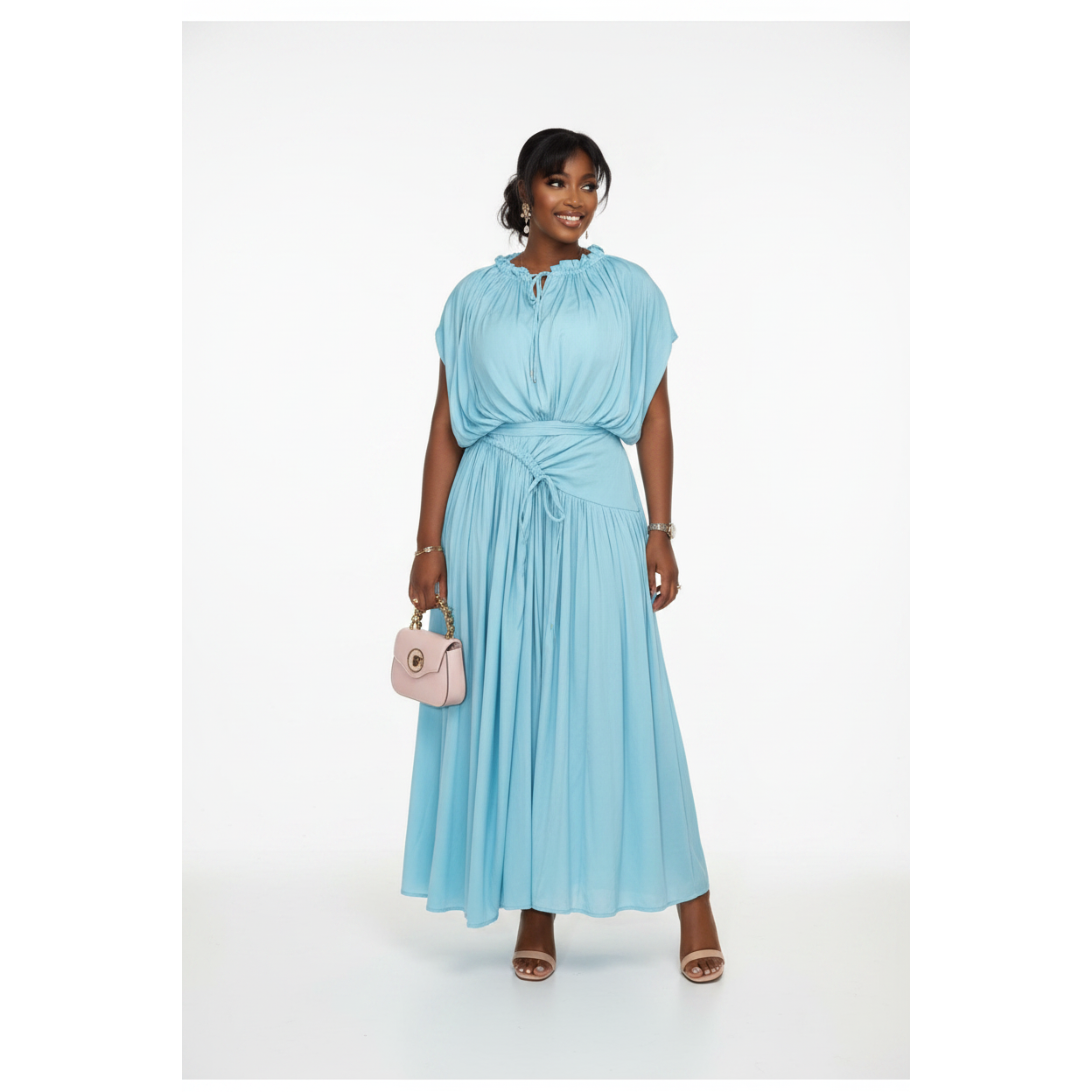 Tie-Neck Drawstring Waist Maxi Dress