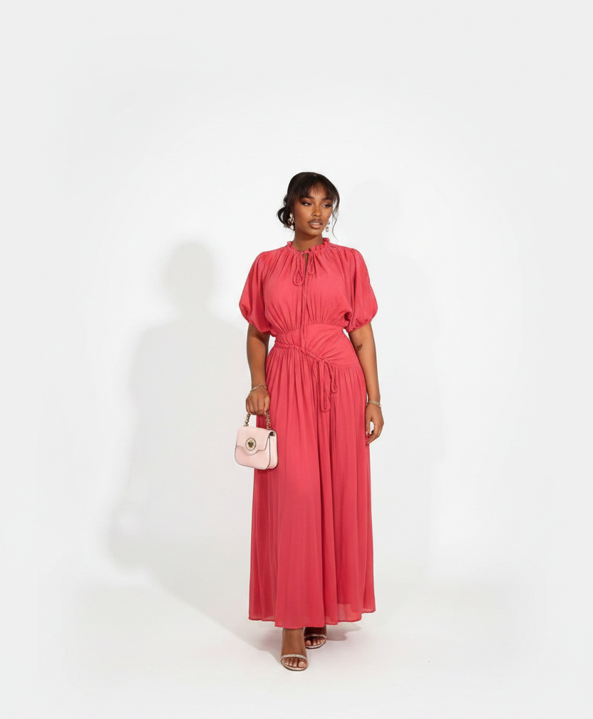 Tie Neck Pleated Drawstring Waist Maxi Dress