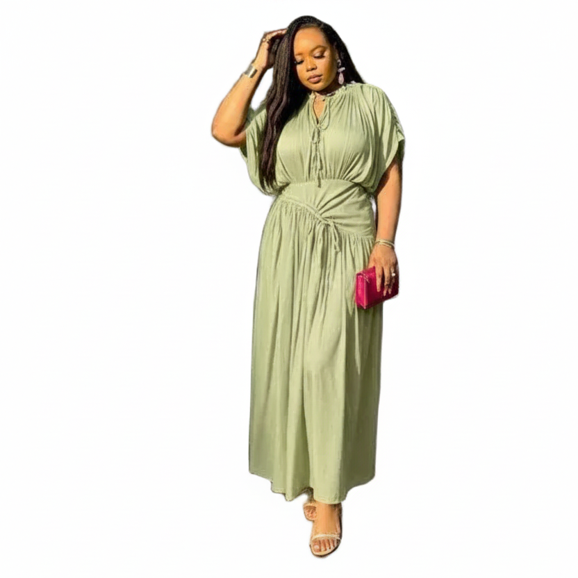 Tie Neck Pleated Drawstring Waist Maxi Dress