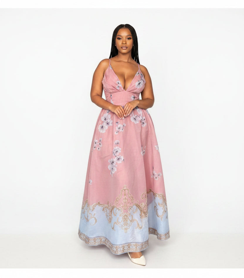 Deep V-Neckline Floral Maxi Dress
