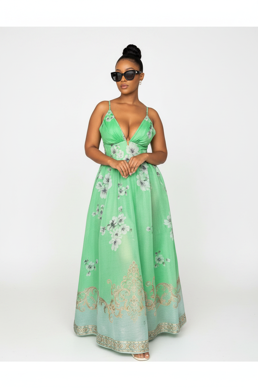 Deep V-Neckline Floral Maxi Dress