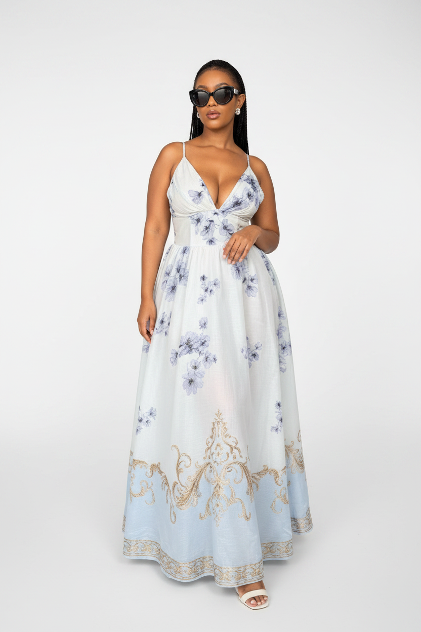 Deep V-Neckline Floral Maxi Dress